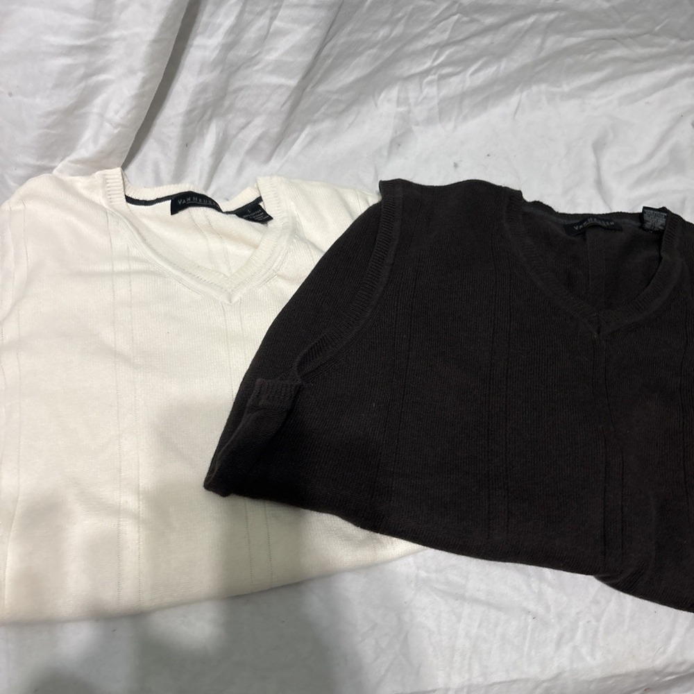2 VAN HEUSEN V-Neck Sweater Vest‎ Sz Large Dark Brown And Beige Men